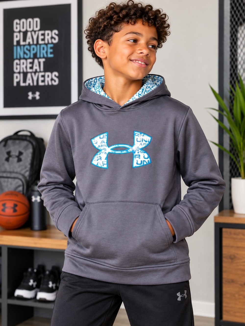 Under Armour Youth Large Gray Blue Logo Pullover Athletic Hoodie YLG